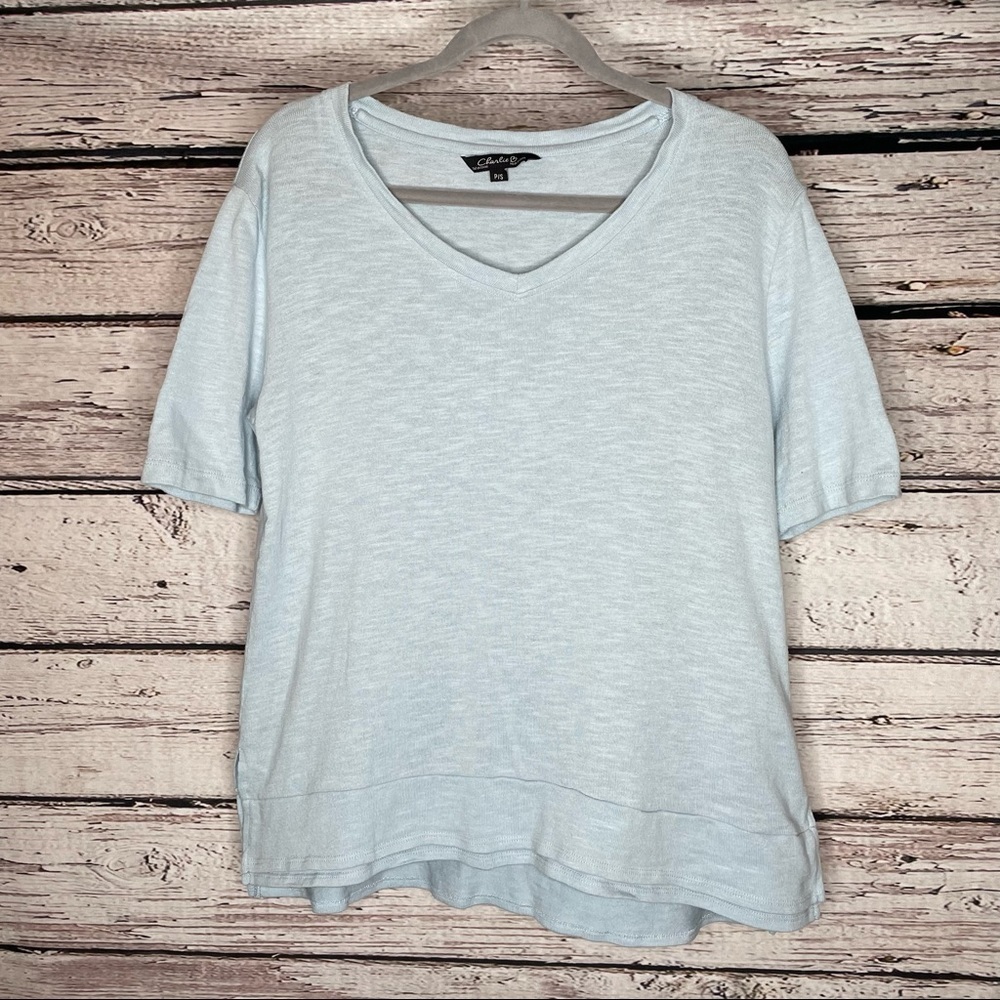 Charlie B Light Blue Short Sleeve Top Petite Small Layered Hemline V-Neck
